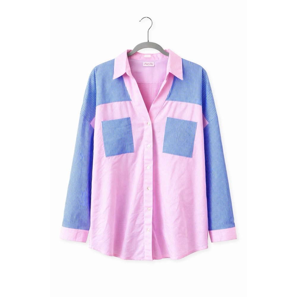 Pink Lily Blouse‎ Womens Pink Blue Stripe Colorblock Casual Button Top Coastal
